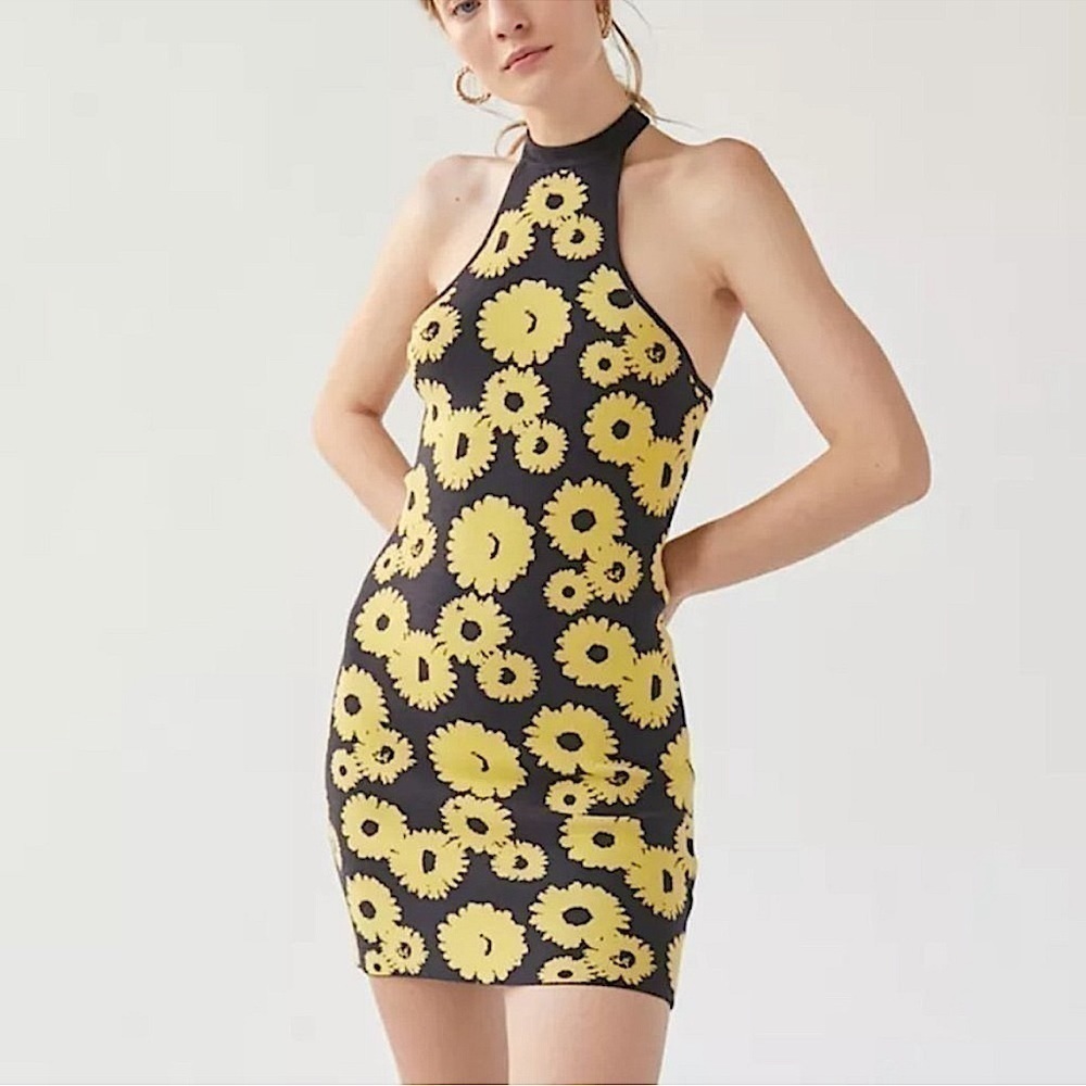 Urban Outfitters Charlie Sunflower Knit Mini Dress Black Yellow New
